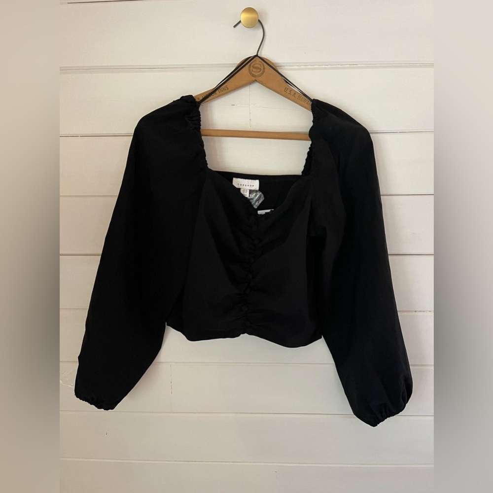 TopShop NWT Womens Crop Top Black Long Puff Sleeve Size 10 Romantic Stretchy